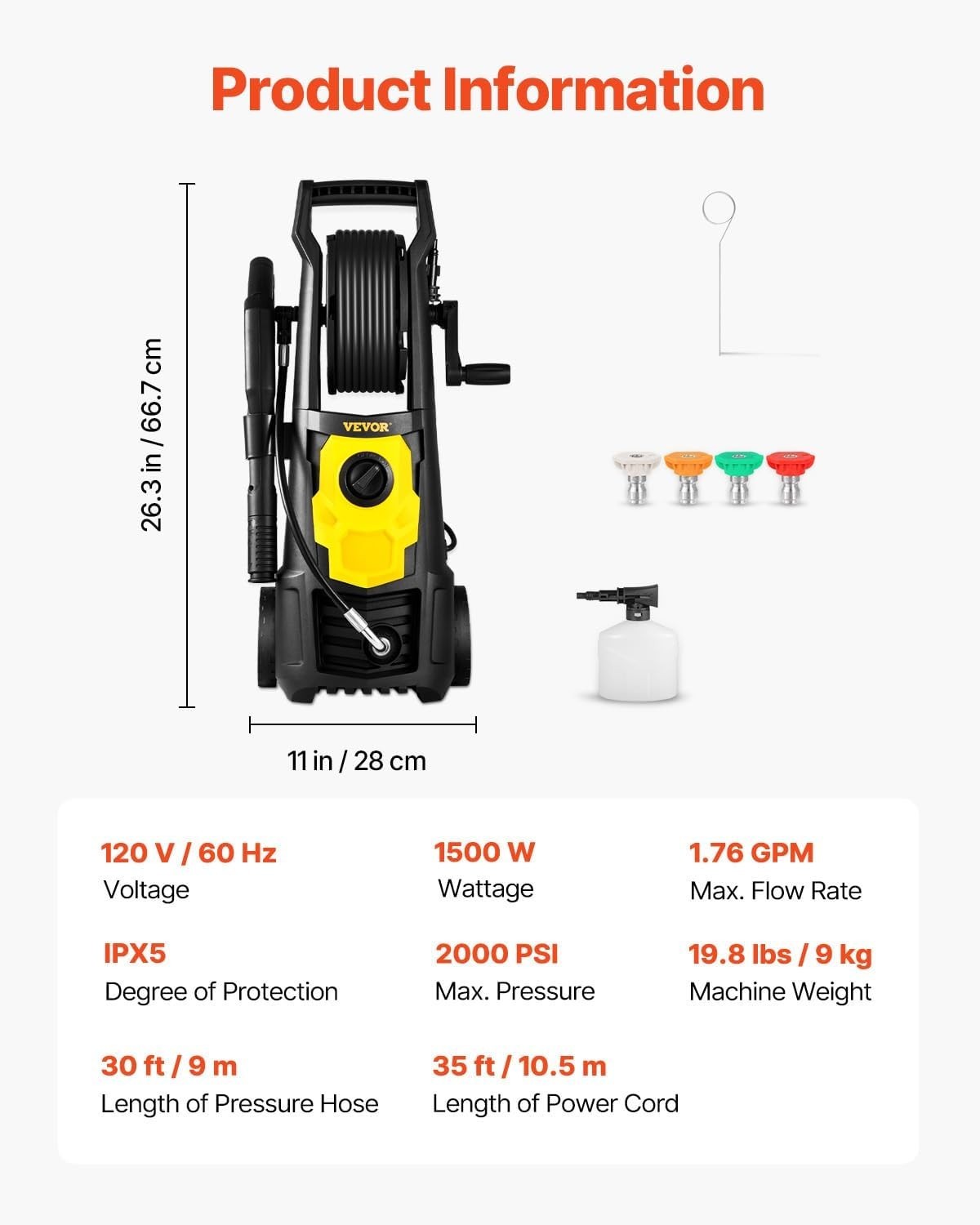 Powerful 2000 PSI Electric Pressure Washer – 1.76 GPM, Foam Cannon & Hose Reel