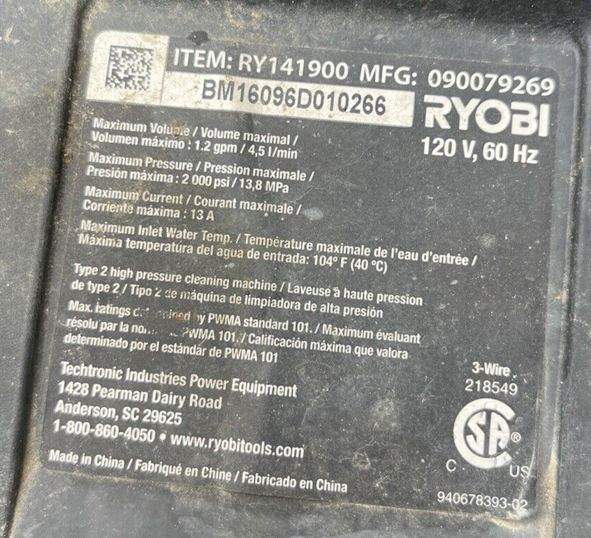 308862007 Ryobi Outlet Tube Assy. RY141600 Electric Pressure Washer Preowned OEM