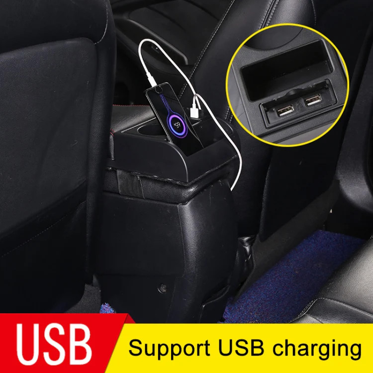 Car Multi-functional Dual USB Armrest Box Booster Pad, Microfiber Leather Curved