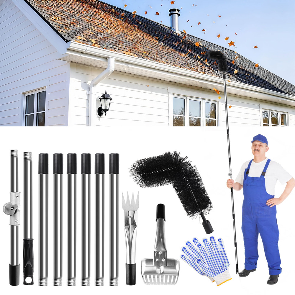 3-in-1 Gutter Cleaning Tools with Brush Rake Scoop Glove 180° Rotating Pole