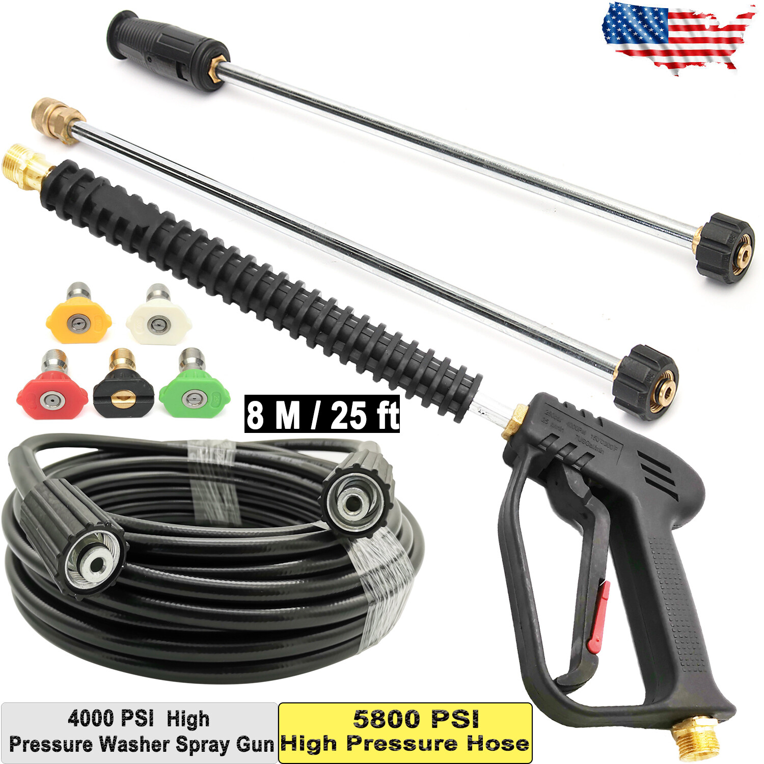 4000PSI High Pressure Power Washer Spray Gun Wand Lance Nozzle Tips Hose Kit M22