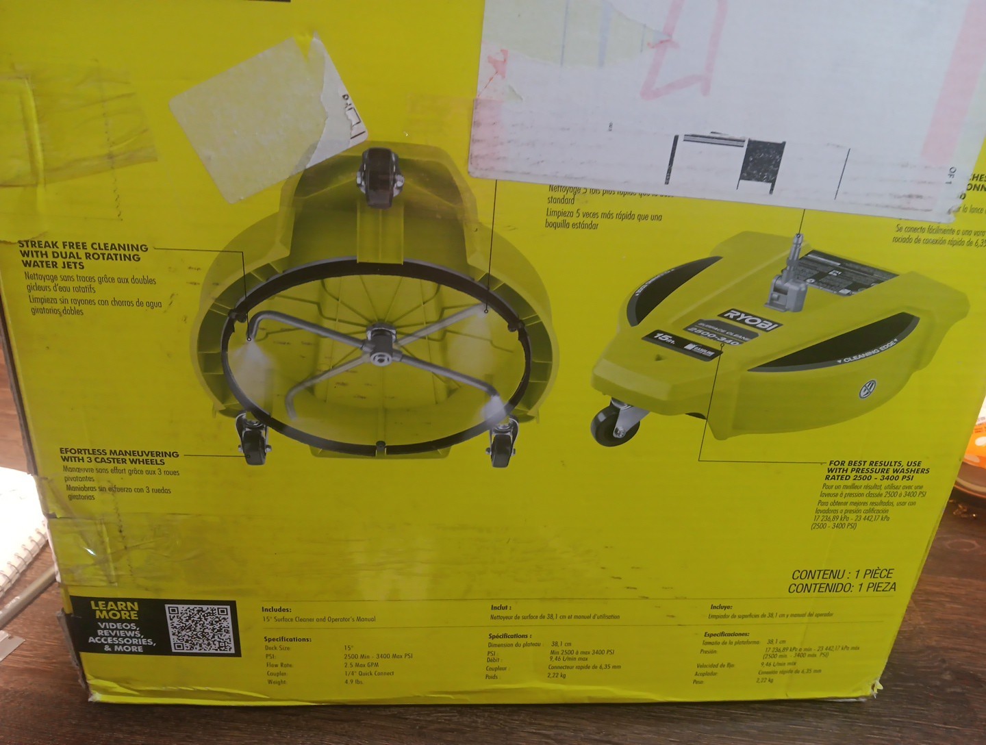 Ryobi 15 in. 3400 PSI Gas Pressure Washer Surface Cleaner with Caster Wheels New