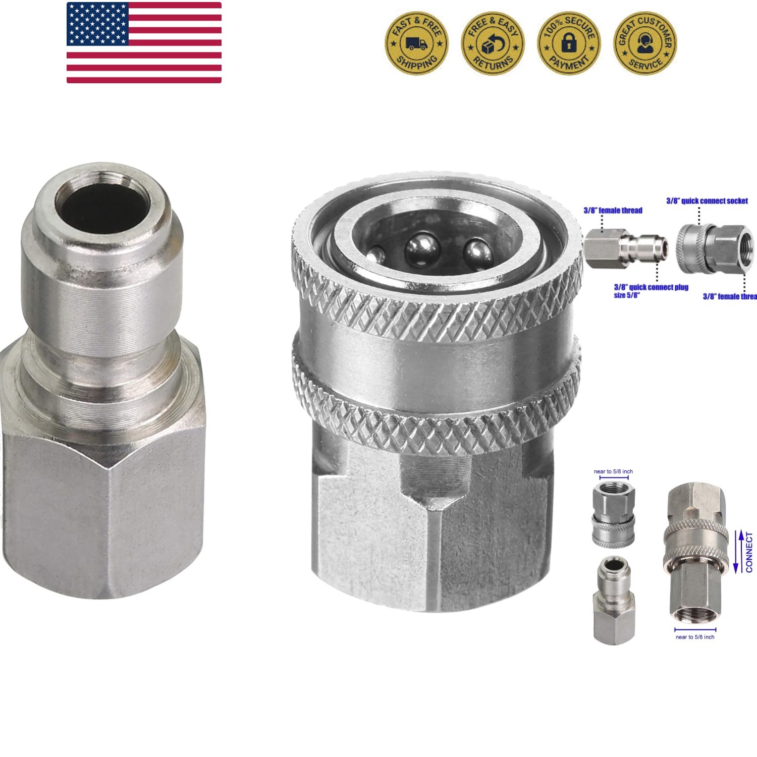 Pressure Washer Adapter Set, 3/8 Inch Quick Connect Kit, Female Fitting, Stai…