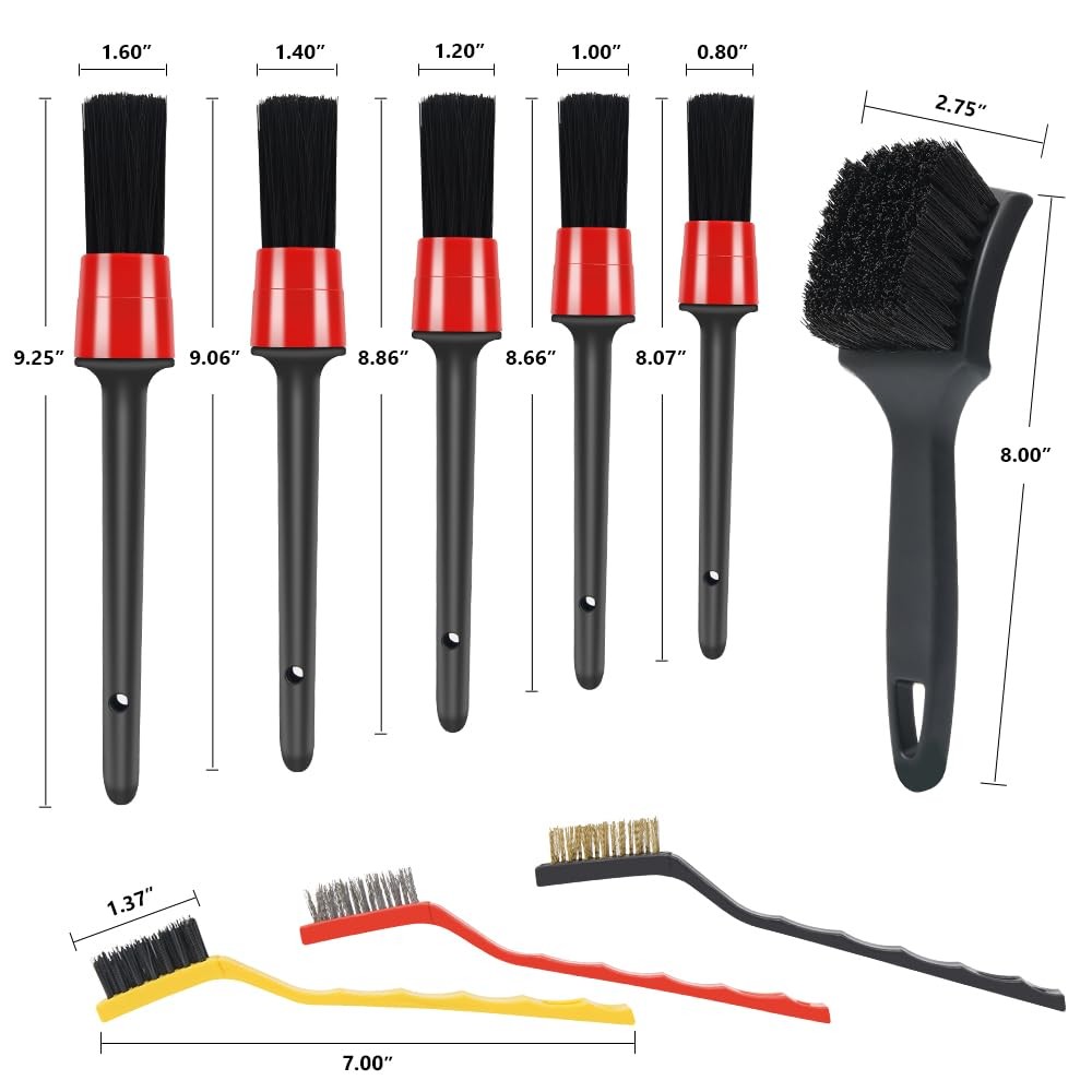 pulwury 9pcs Detailing Brush Set,Interior Cleaning Black, Red, Yellow
