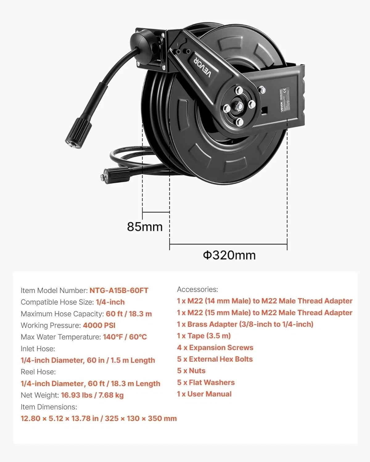 Pressure Washer Hose Reel, 60 ft x 1/4 inch Retractable Power Heavy-Duty 4000PSI