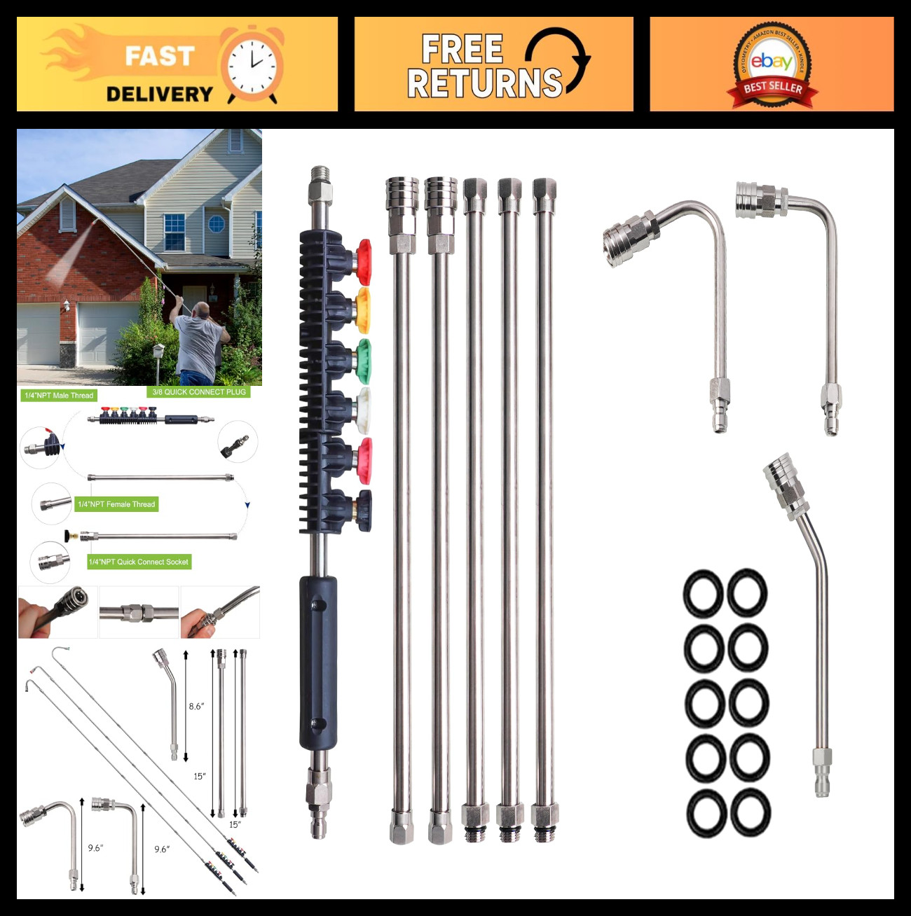 9 Pack Pressure Washer Extension Wand with 6 Nozzle Tips & Curved Rod, 4000 PSI
