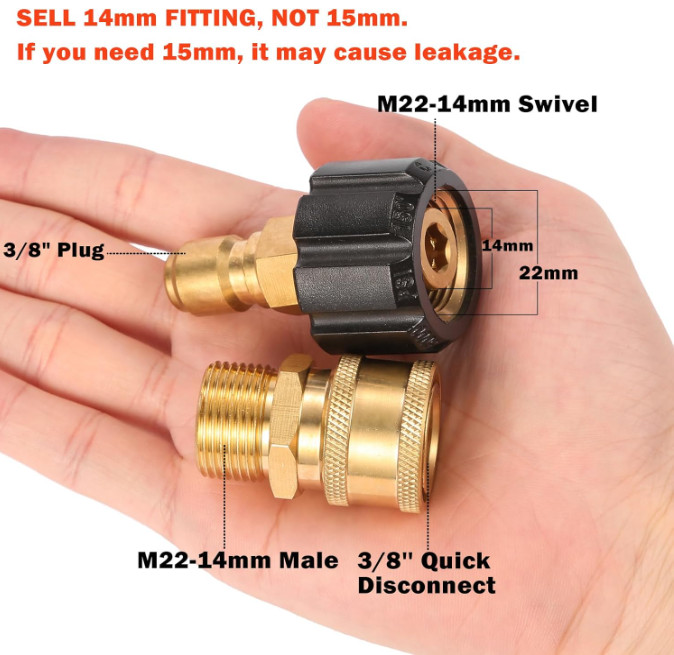 Pressure Washer Quick Connect Fittings, Quick Connect Kit M22 14mm to 3/8 Inch,