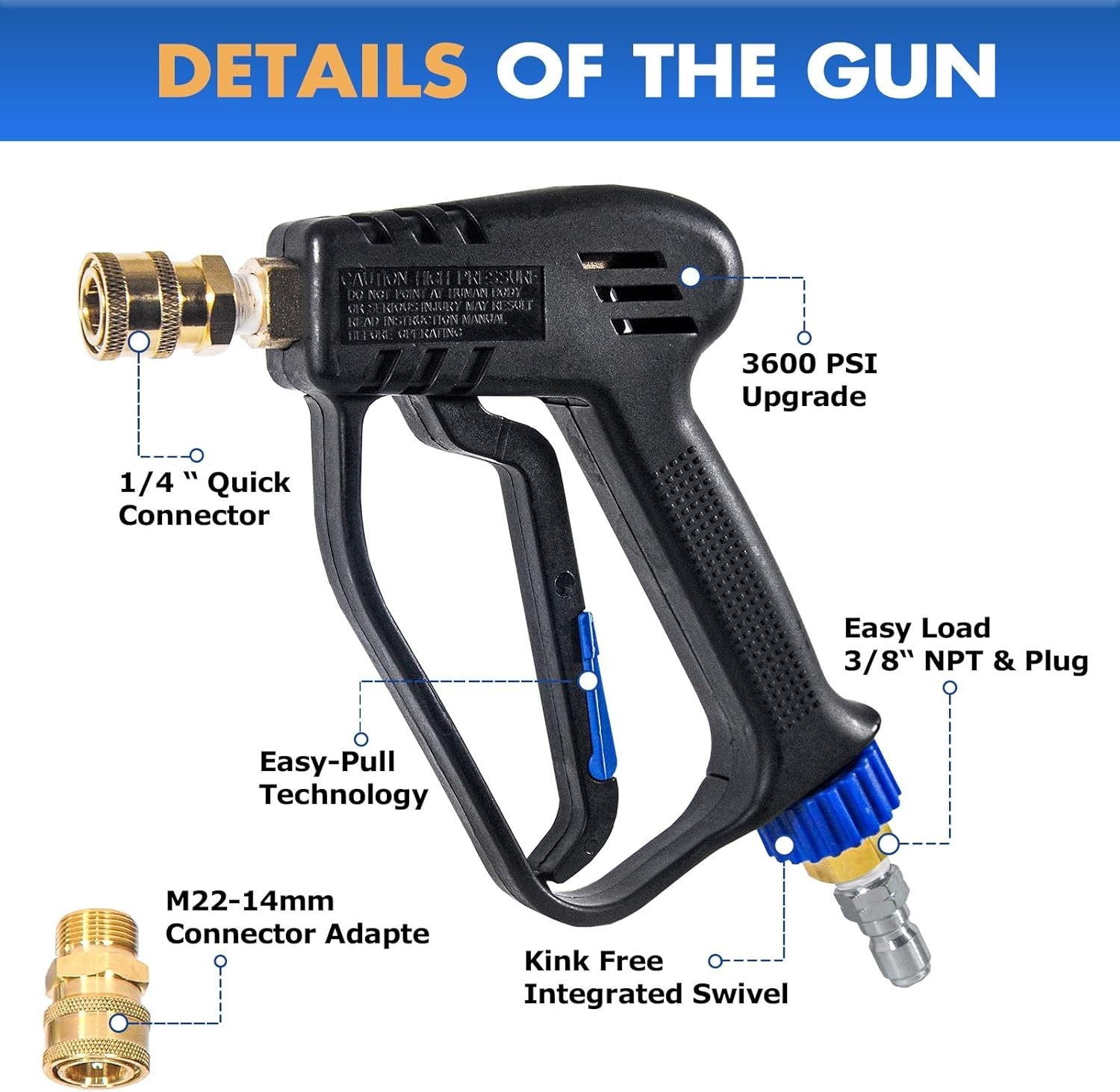 TOOLCY 4000 PSI Short Pressure Washer Gun with Swivel, 5 Spray Nozzle Tips