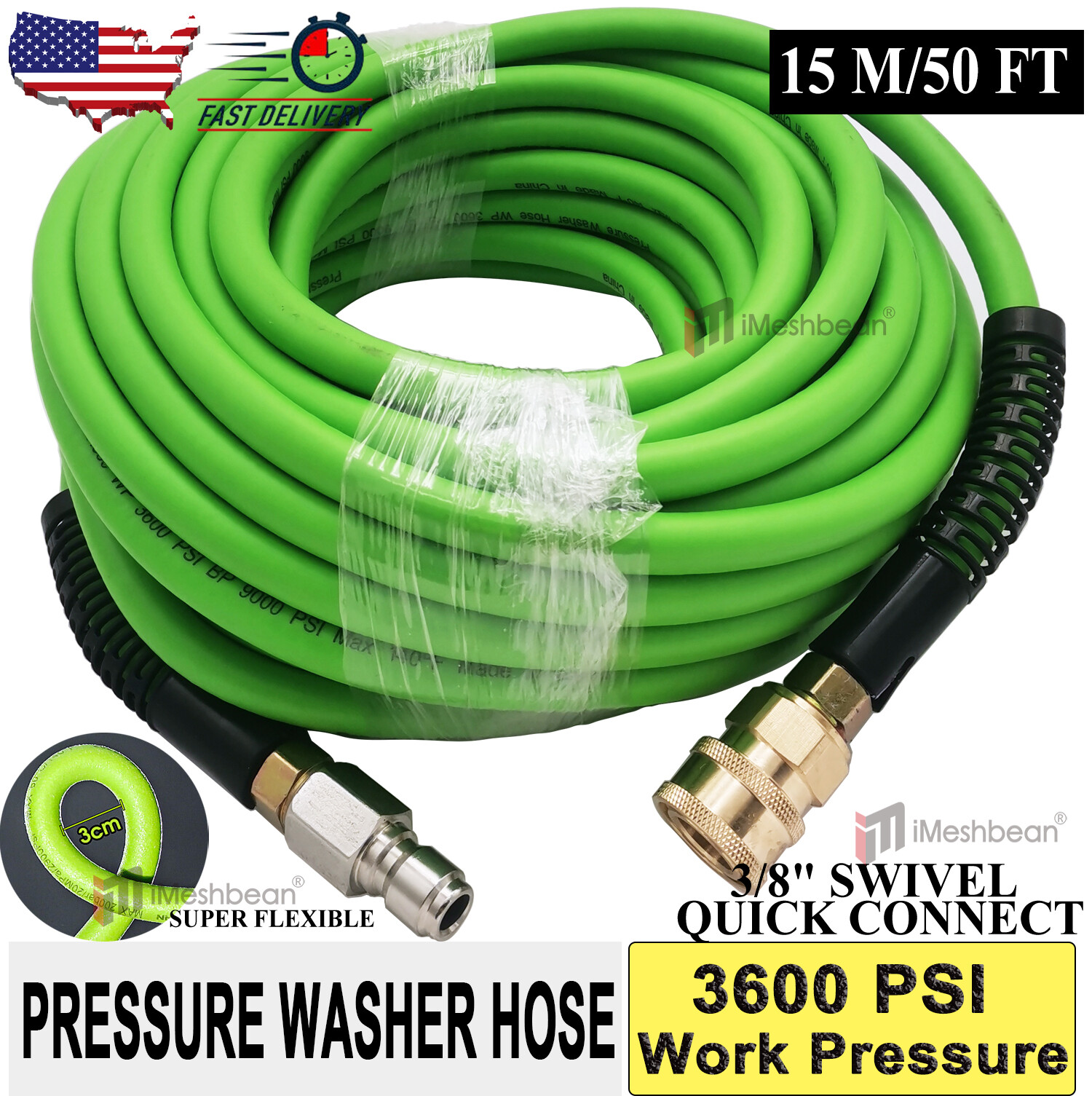 Kink Resistant Pressure Washer Hose 1/4″x25/50′ 3600 PSI M22-14&15mm, or 3/8″ QC