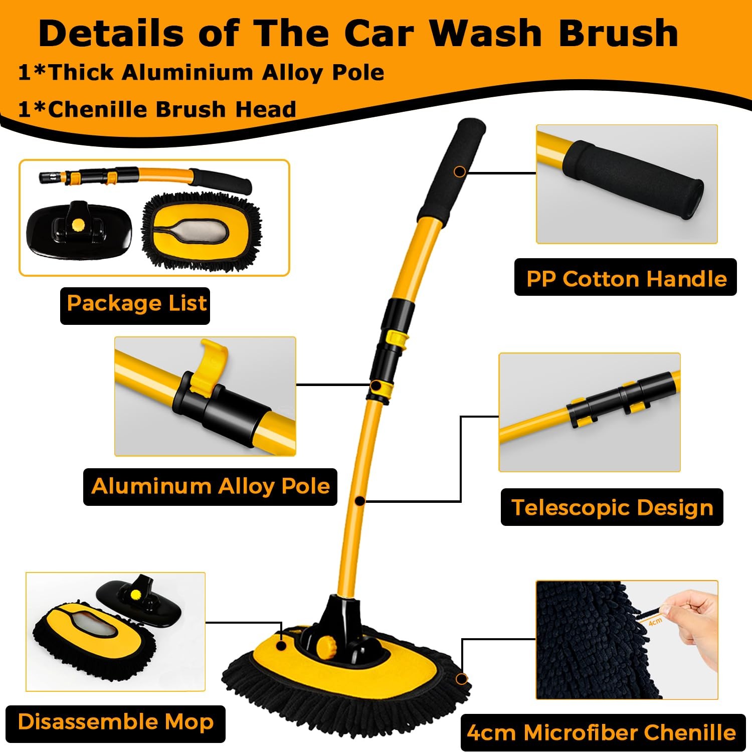 WillingHeart 15° Curved Car Wash Brush with Long Handle 43″ Large, Yellow