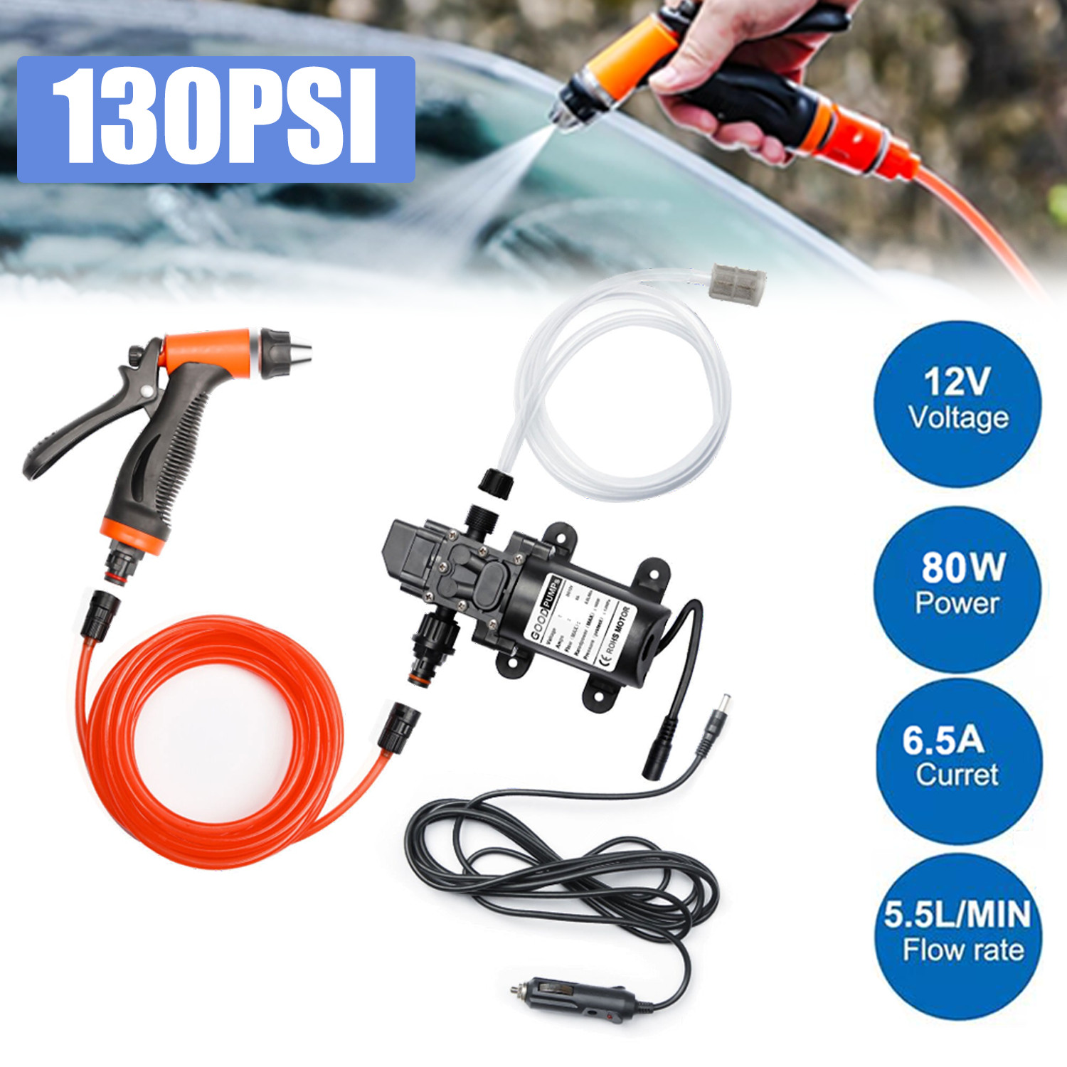 130PSI High Pressure Electric Car Washer Pump Wash 12V Clean Kit Portable 100W
