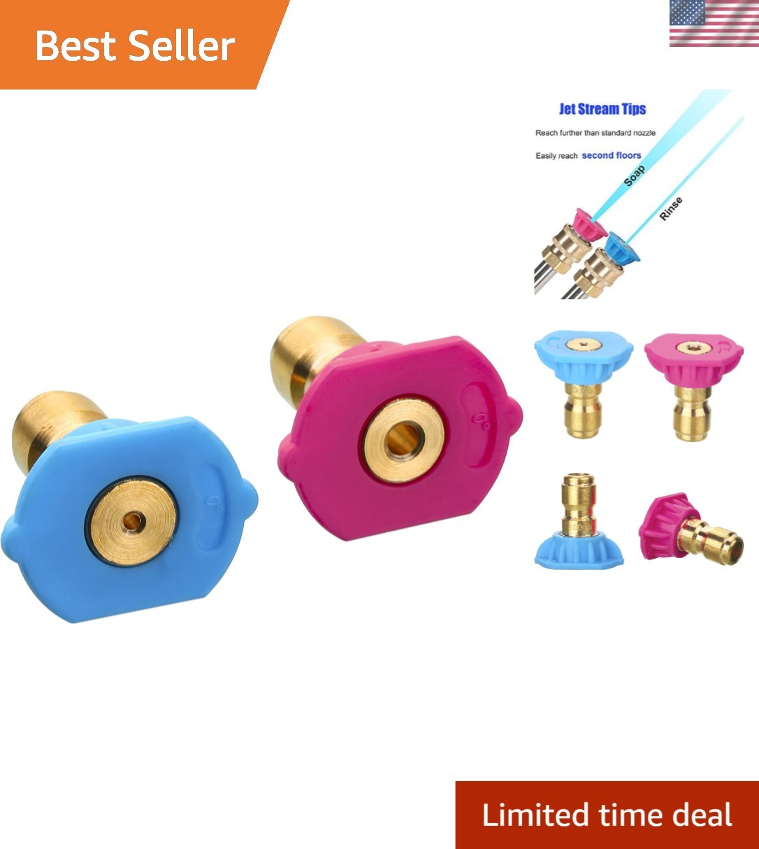 Brass Quick-Connect Nozzle Tips for High Pressure Washers, Soap & Rinse Modes