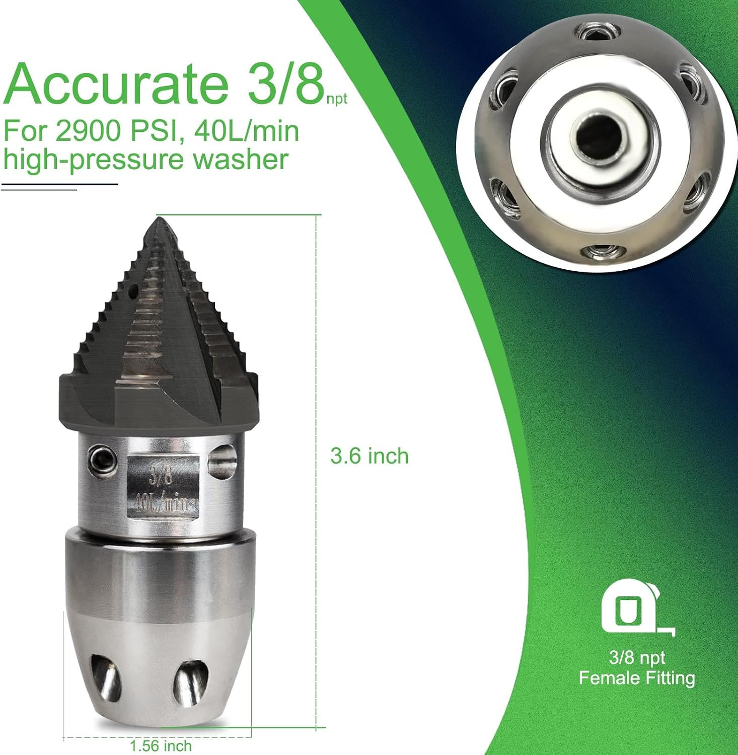 3/8 Npt Sewer Jetter Nozzle for 2900 PSI, 40 L/Min Pressure Washer – Stainless S
