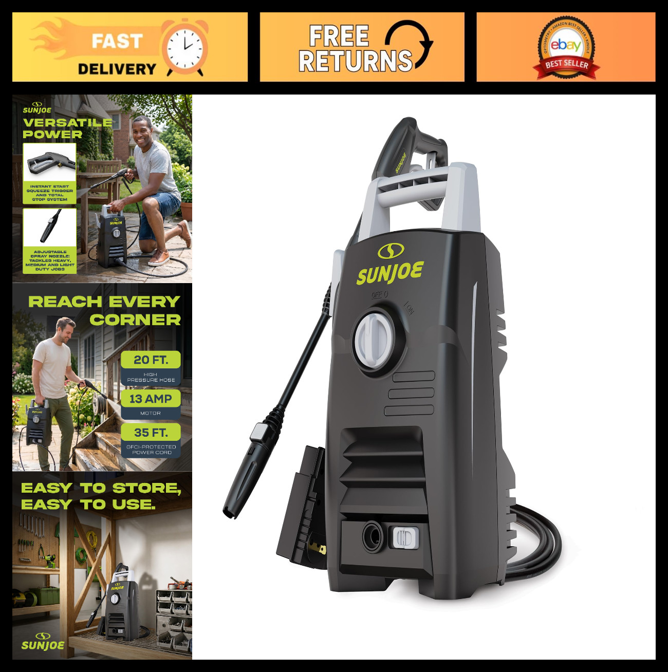 Electric Pressure Washer – 1800W Motor, GFCI Cord, Adjustable Wand, 20ft Hose –