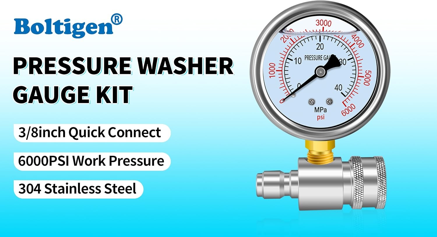 Pressure Washer Gauge Kit, Pressure Gauge for Power Washer with 3/8inch Quick Co