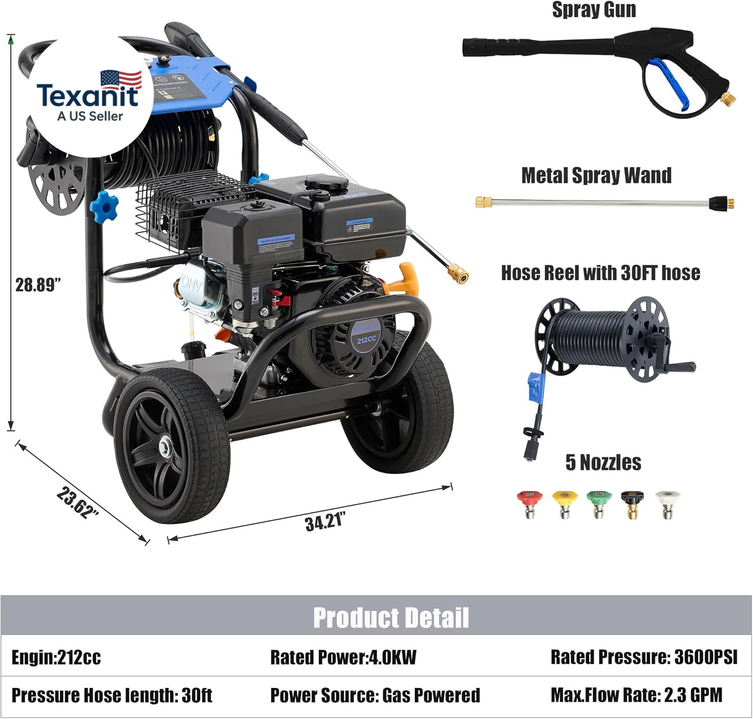 Gas Pressure Washer 3600 PSI with Hose Reel, 2.3 GPM Heavy Duty High Power Washe