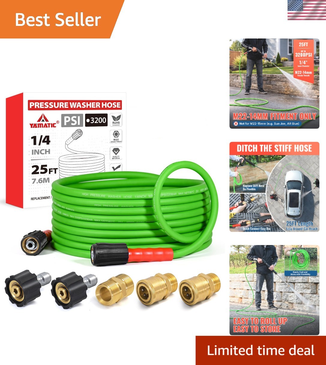 25FT Kink-Resistant Pressure Washer Hose for 3200 PSI, Quick Connect Adapters