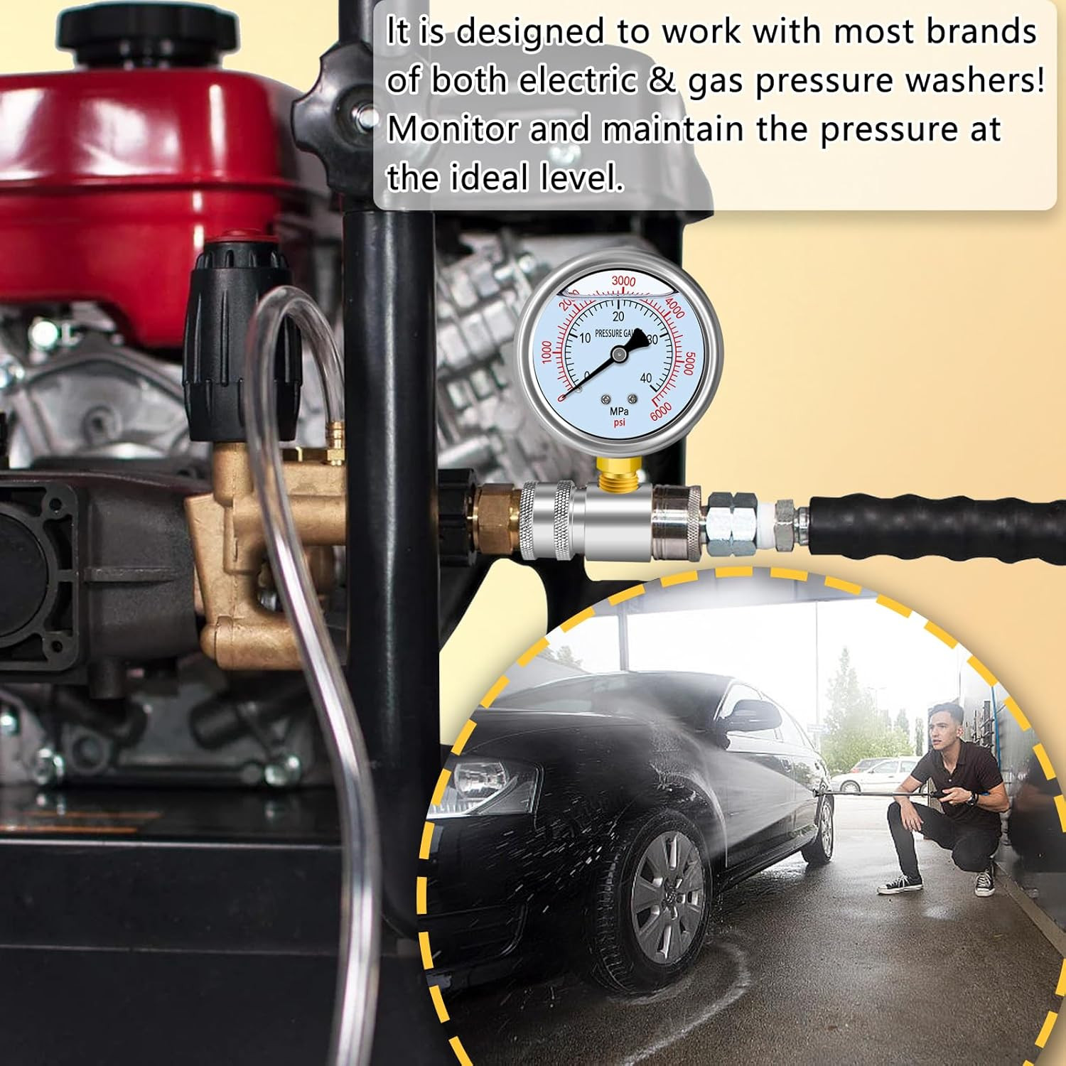 Pressure Washer Gauge Kit, Pressure Gauge for Power Washer with 3/8Inch Quick Co