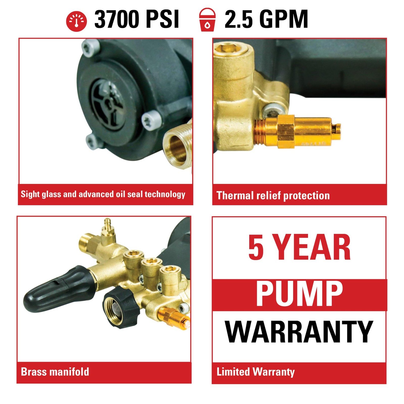 AAA 3700 PSI 2.5 GPM Replacement Triplex Pressure Washer 3/4″ Shaft, Black