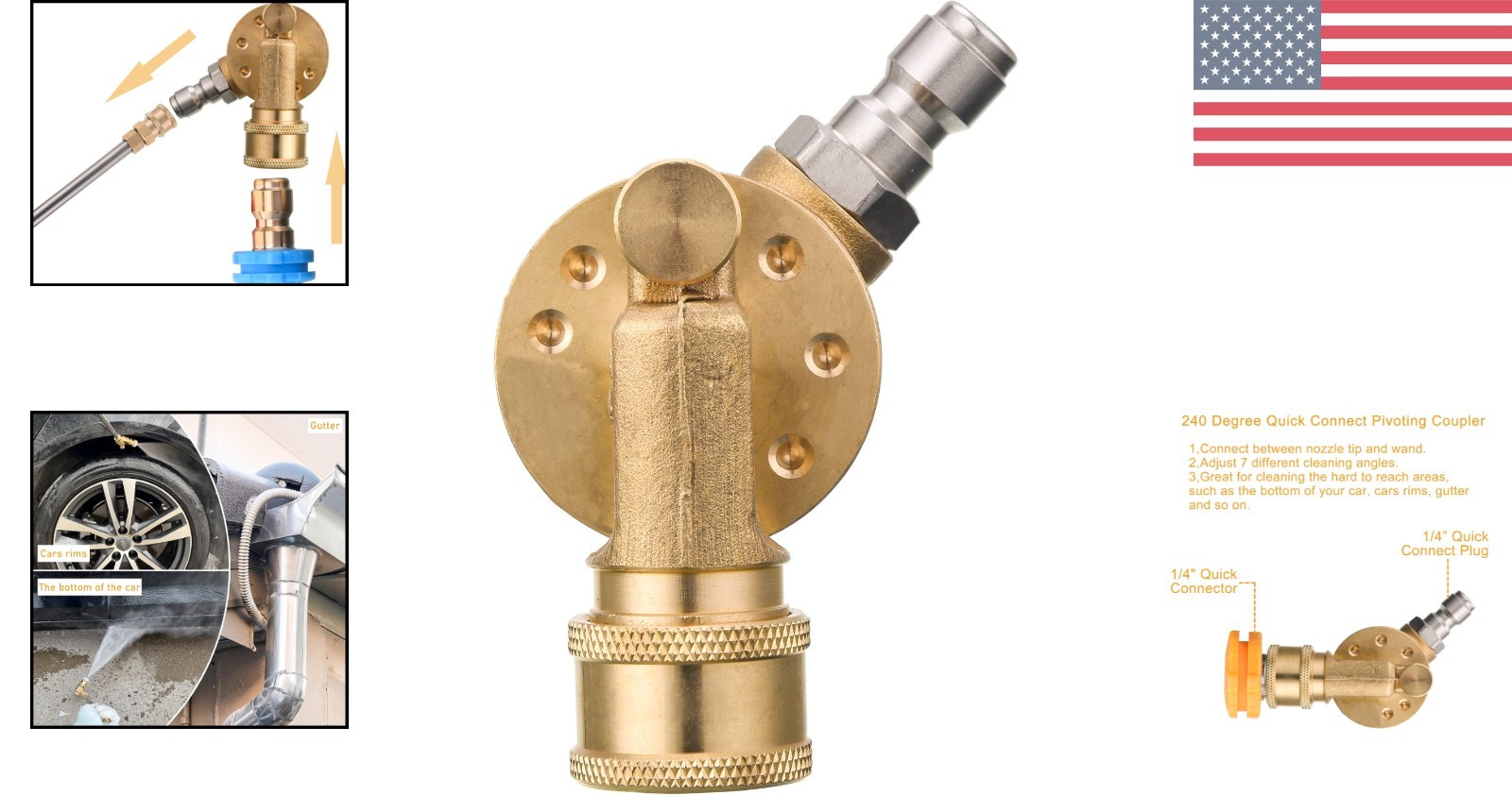Pivoting Pressure Washer Coupler – 1/4″ Quick Connect Gutter Cleaner, 7 Angles
