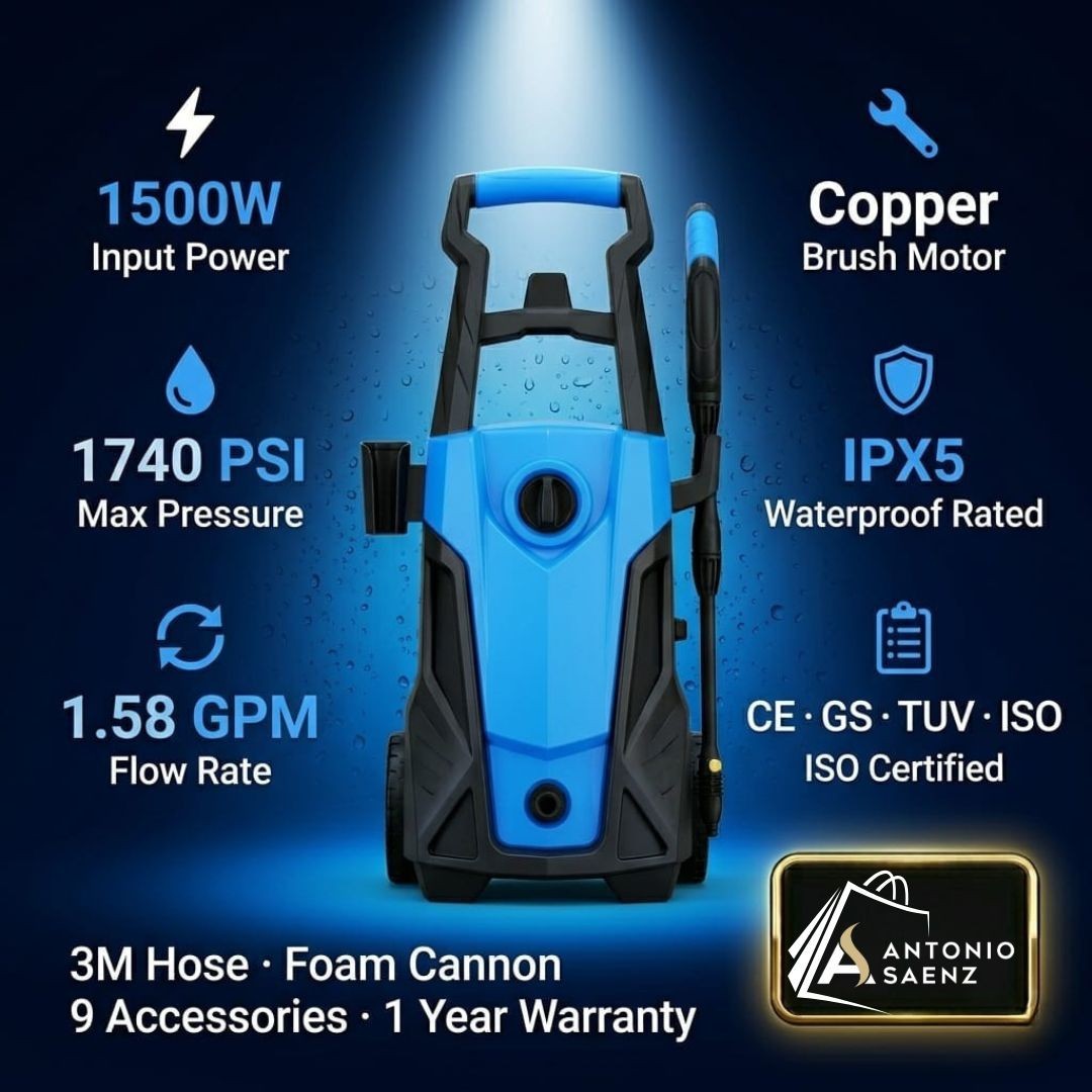 Alver 1500W Electric High Pressure Washer 1740PSI Car Cleaner W/Wheels Kit New.
