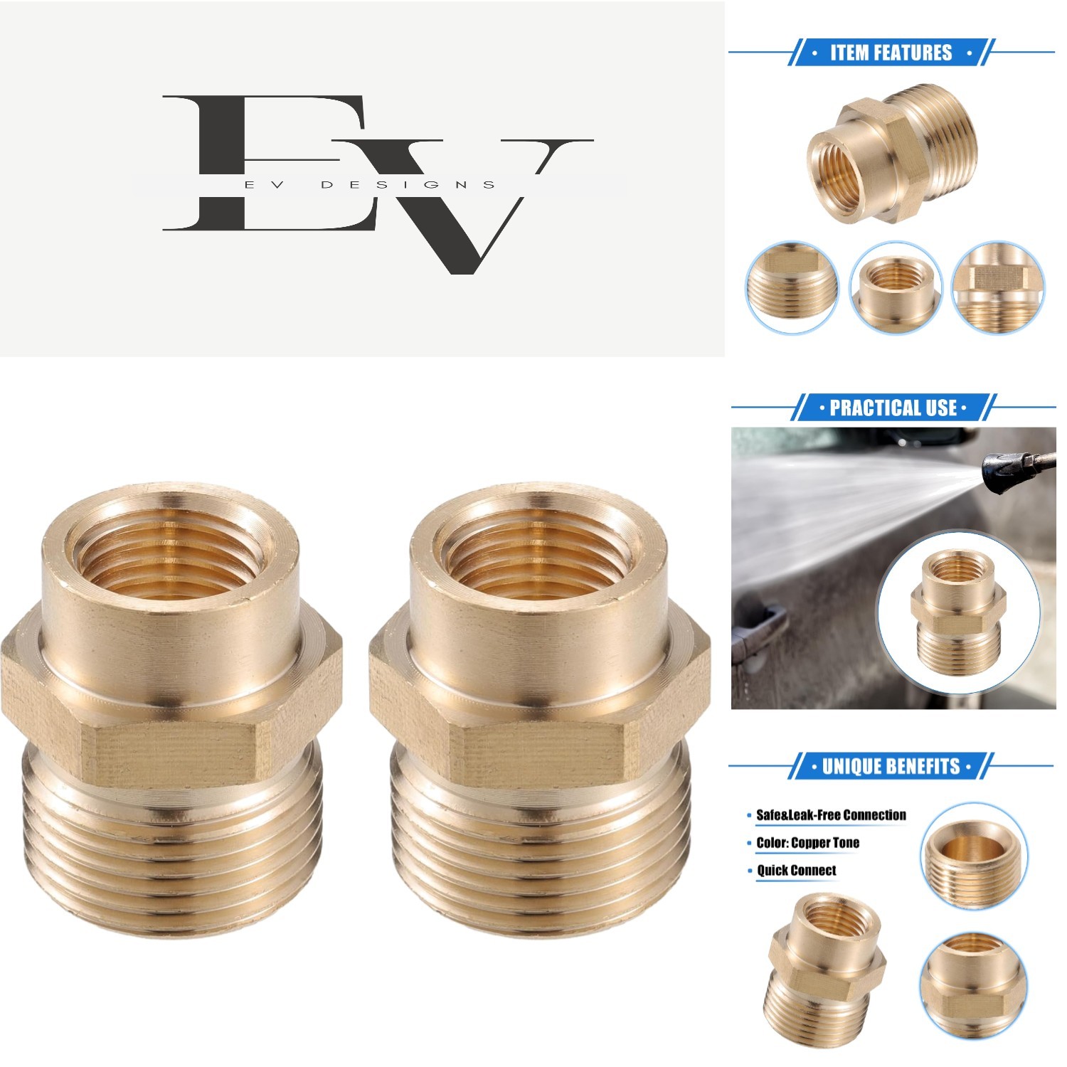 1pc Copper Tone Pressure Washer Connector – M14x1.5 to M22x1.5 for Quick Connect