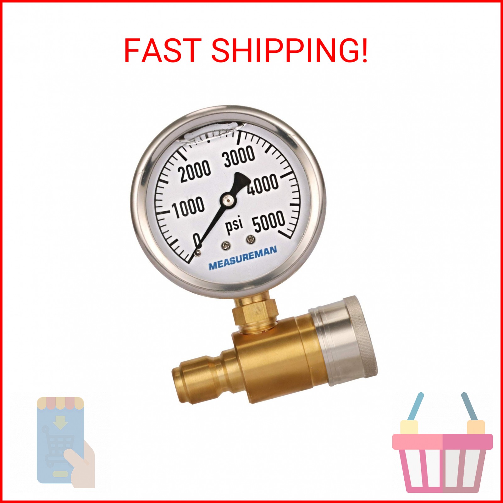 Measureman 2-1/2″ Pressure Washer Pressure Gauge Kit 3/8 Inch Quick Connect 0-50