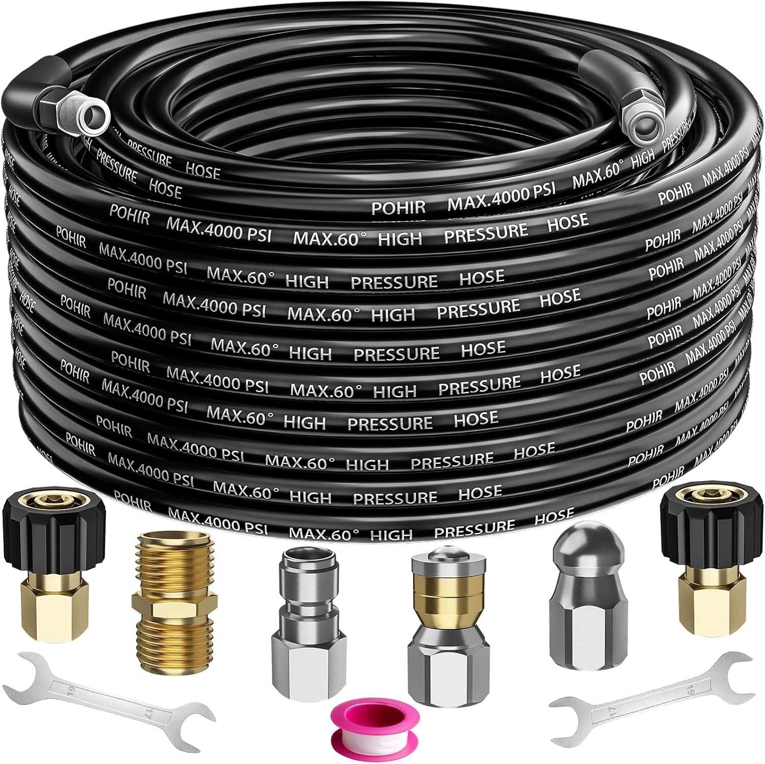 4000PSI Sewer Jetter Nozzles Kit 50FT Drain Cleaning Hose for Pressure Washer