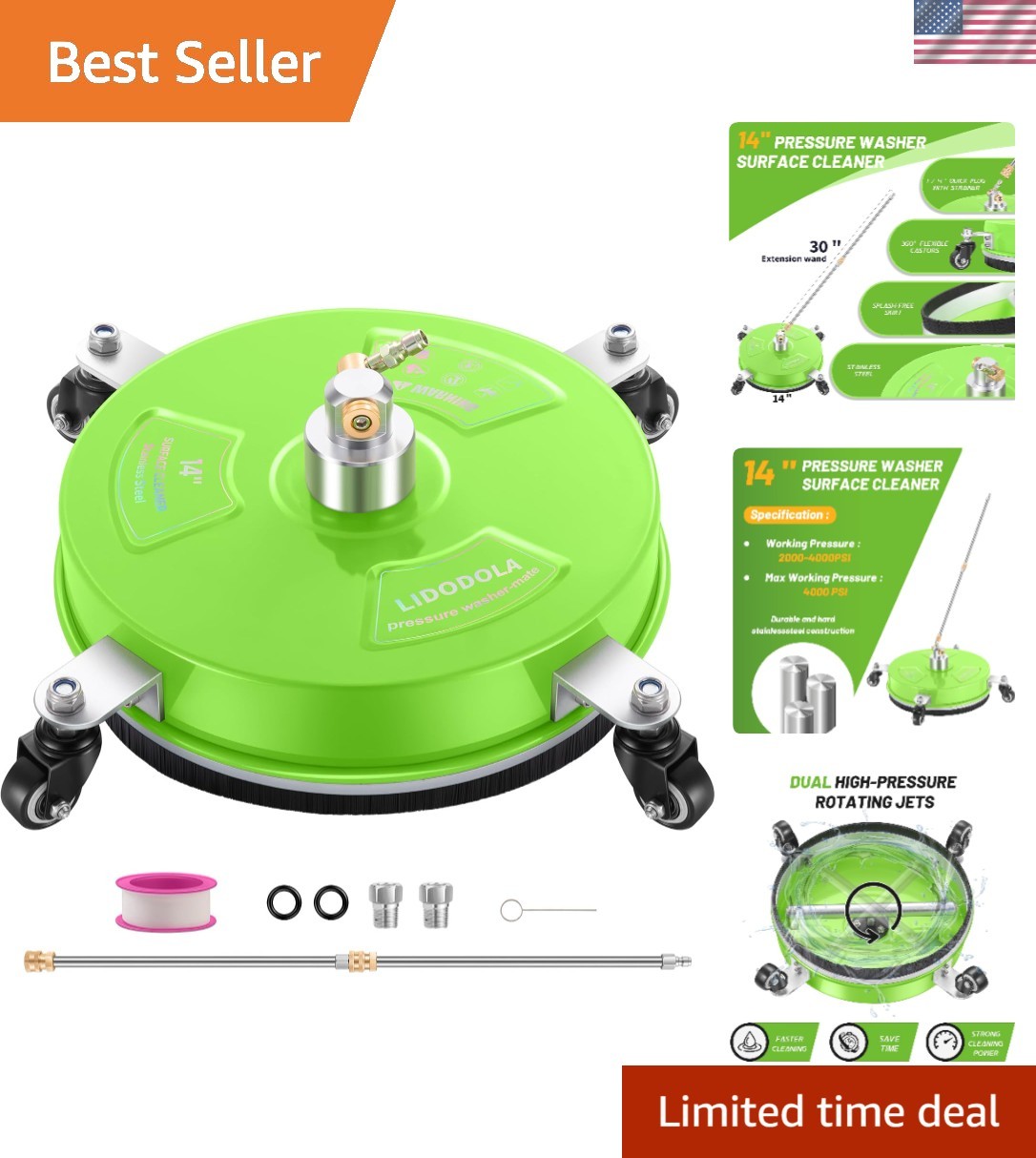 14″ Pressure Washer Surface Cleaner with Wheels – Green Stainless Steel Power