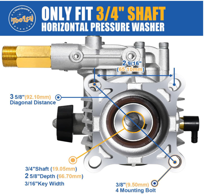 TOOLCY 3/4″ Shaft Horizontal Pressure Washer Pump, 2600-3300 PSI @ 2.5 GPM – Pow