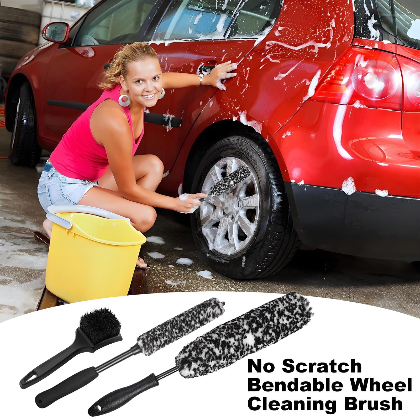 Bendable Wheel Brush Kits Soft Microfiber Cleaner Large, Black