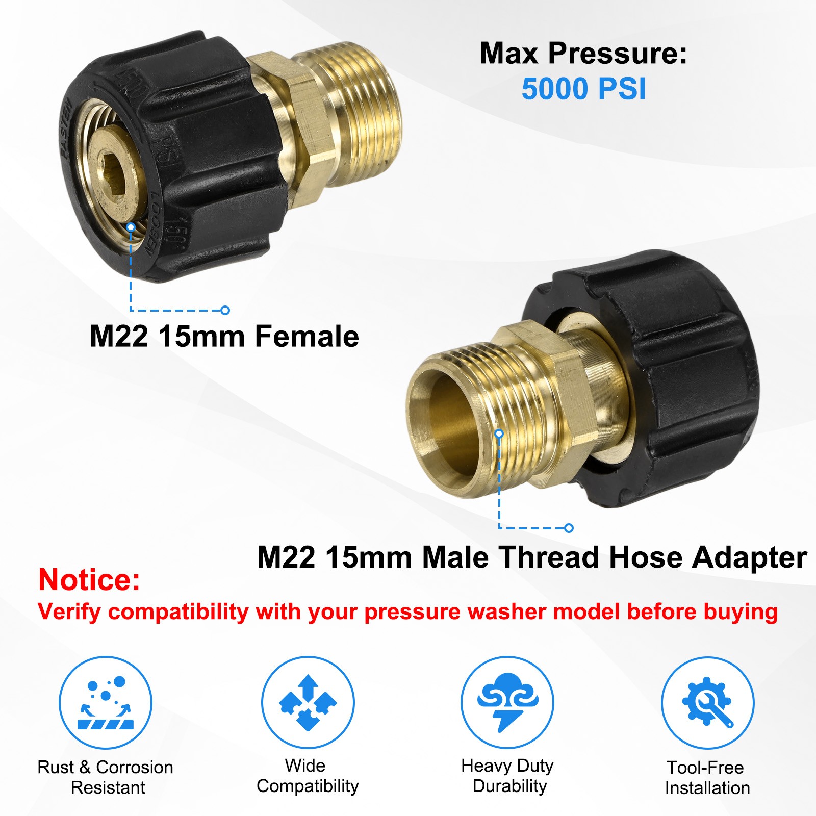 1-Pack M22 15mm Female to M22 15mm Male Thread Pressure Washer Fittings