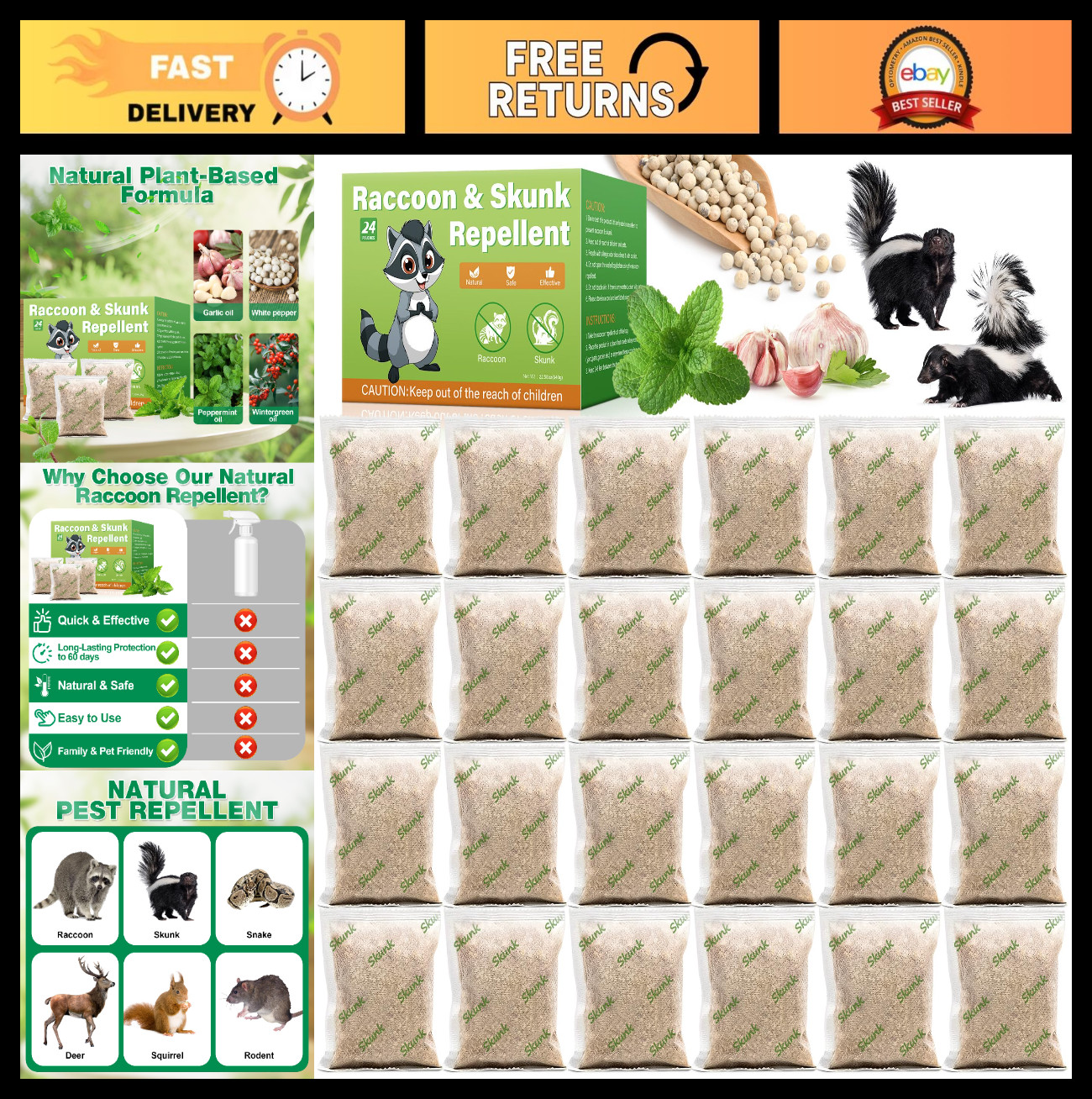 24 Pack Natural Skunk & Raccoon Repellent Pouches for Yard & Garden | Safe & Lon