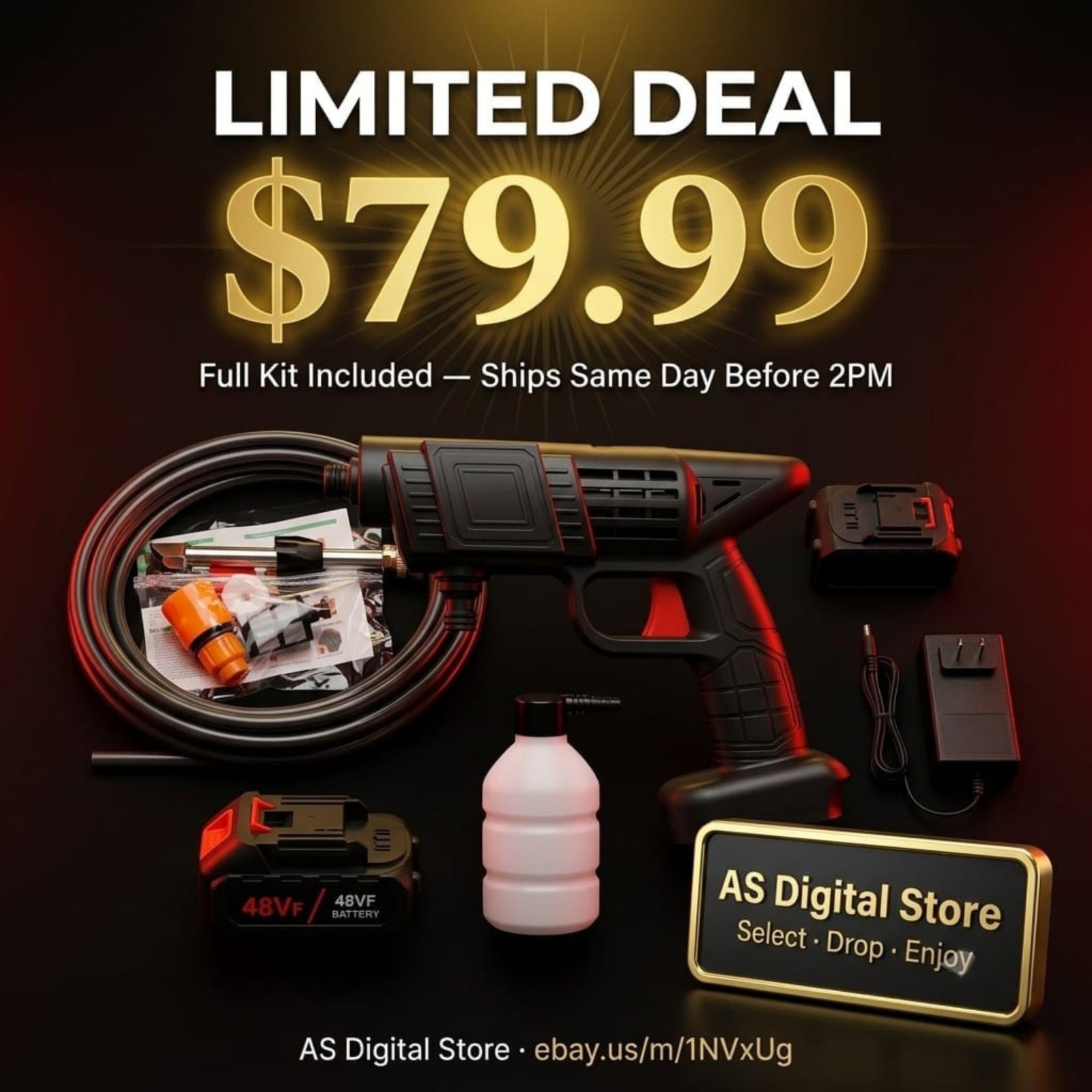 48V Cordless Electric Pressure Washer Gun 435 PSI Dual Battery Kit With Case