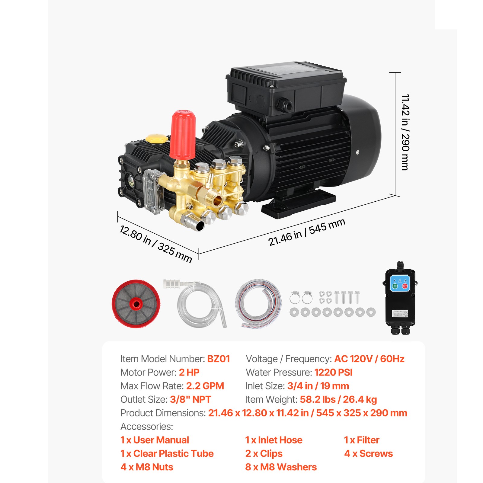 Electric Pressure Washer Pump Kit, 1220 PSI, 2.2 GPM, Triplex Power Washer Pump