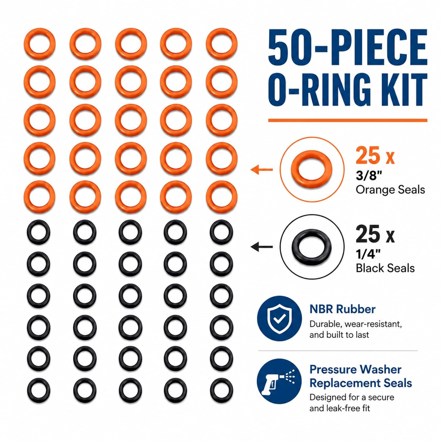 50-Piece Pressure Washer O-Ring Kit, 1/4″ & 3/8″ NBR Rubber Replacement Seals fo
