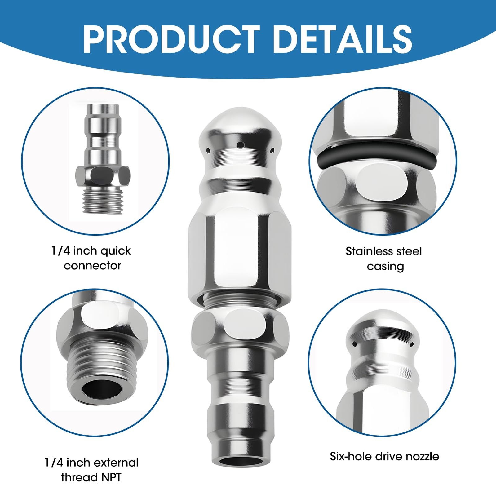 Uelkr Sewer Jetter Nozzle, Pressure Washer with 0.804 cubic inches, Silver