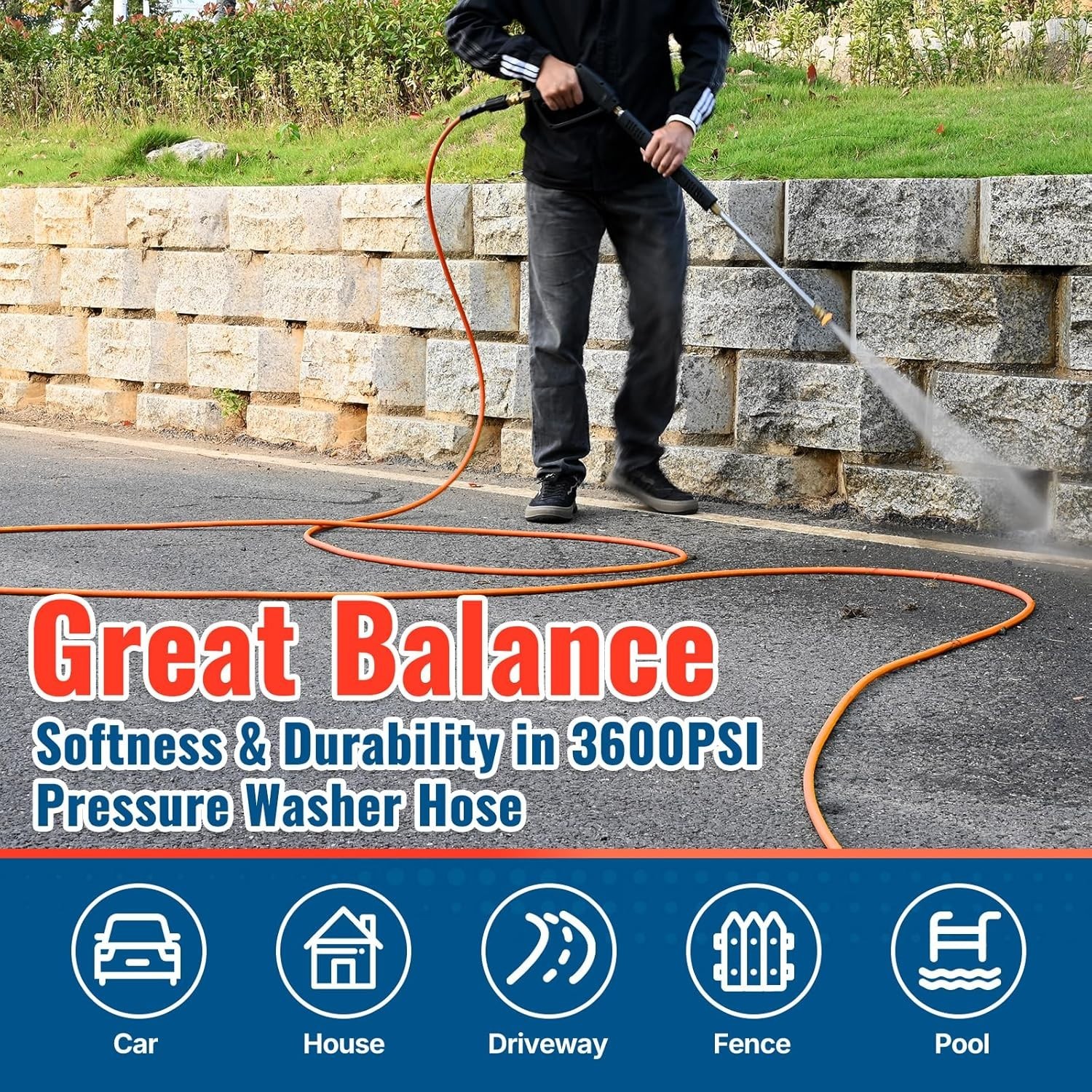 25 FT Kink Resistant Pressure Washer Hose – High-Visibility Orange for Easy Use