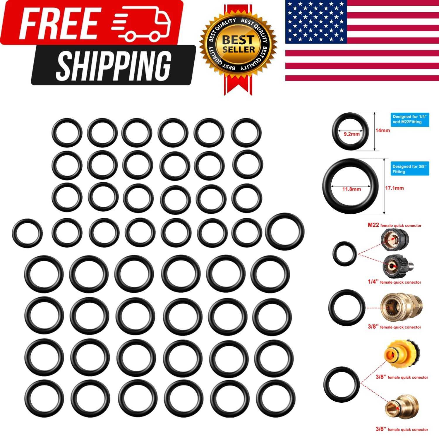 50 Pieces Power Pressure Washer O-Rings Replacement for 1/4 inch, 3/8 inch, M…