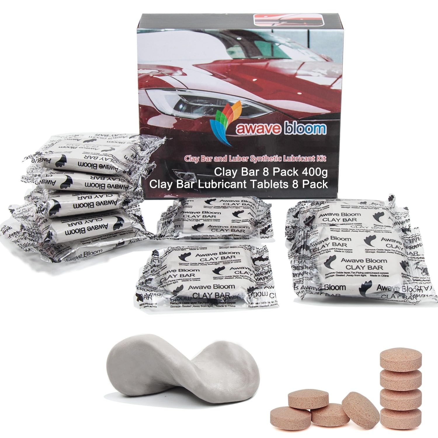 8 Pack Car Clay Bars Auto Detailing 400g and bar Lubricant Tablets Grey