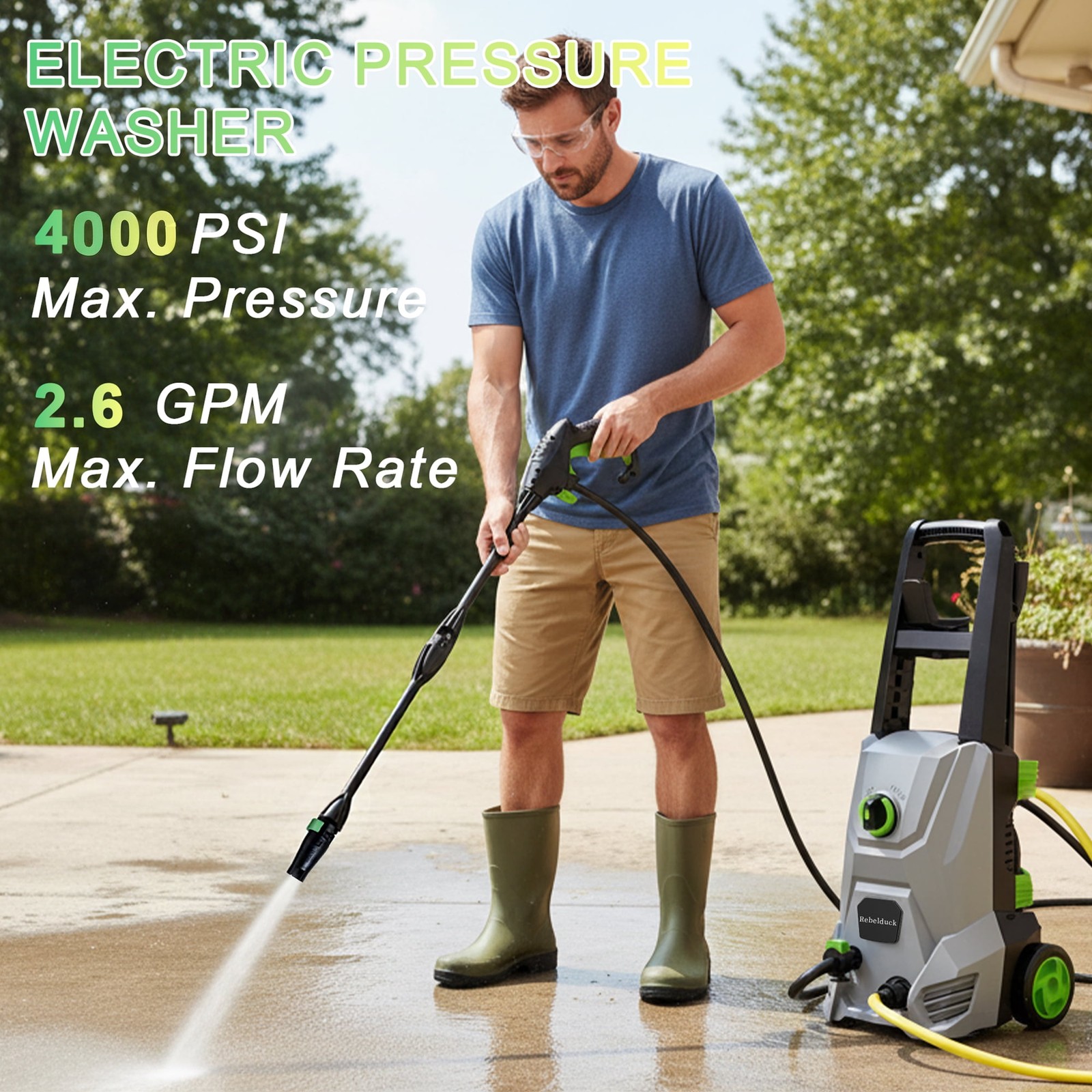 Rebelduck PW01GG 4000 PSI Electric Pressure Washer, 2.6 GPM, 4-in-1 Adjustable
