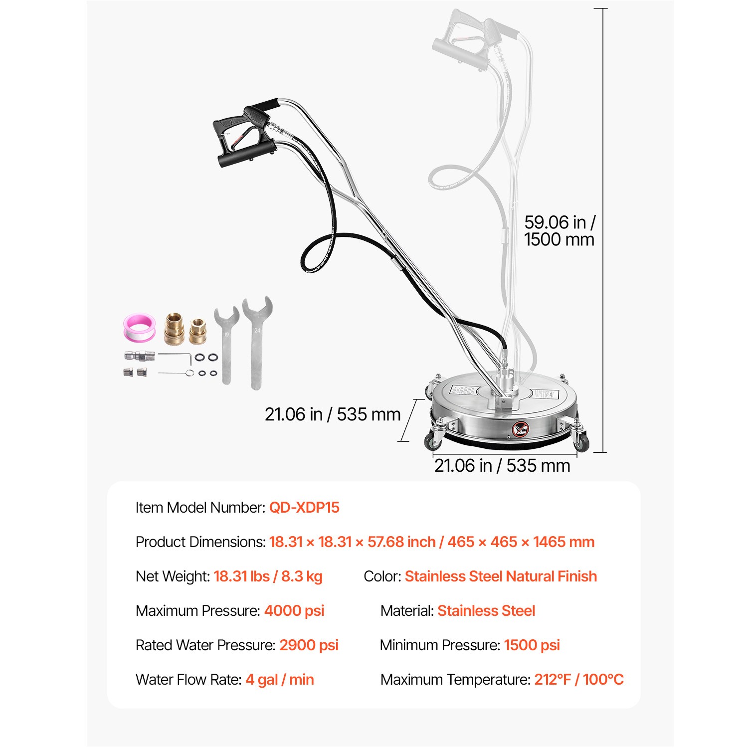 18″ Pressure Washer Surface Cleaner 4 Wheels Dual Handle 4000 Max PSI