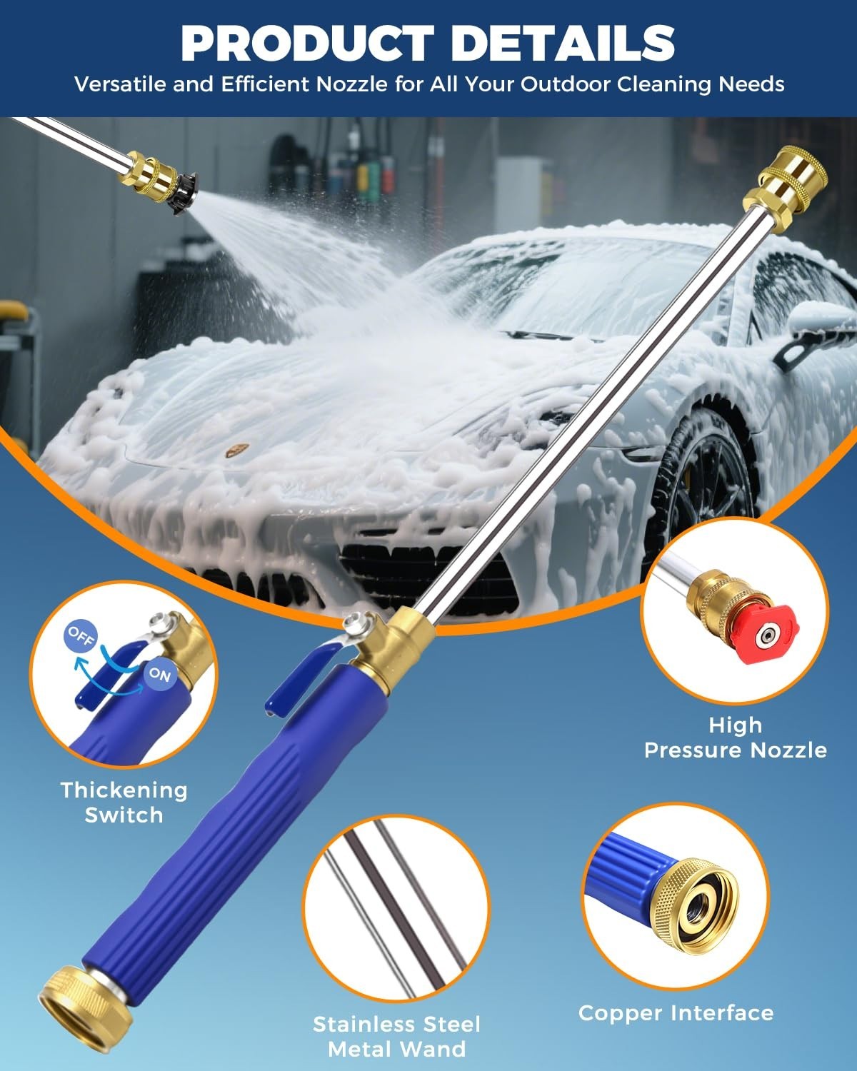 High Pressure Jet Nozzle Power Washer Wand 17″ 2-in-1 for Garden Hose, Quick Con