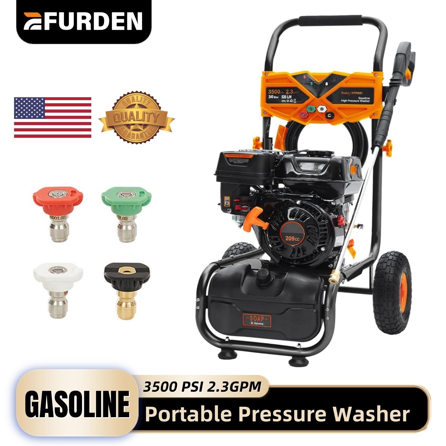 Efurden High Pressure Washer Gas Powered 3500PSI 2.3GPM 209cc 4 Nozzle&25ft Hose
