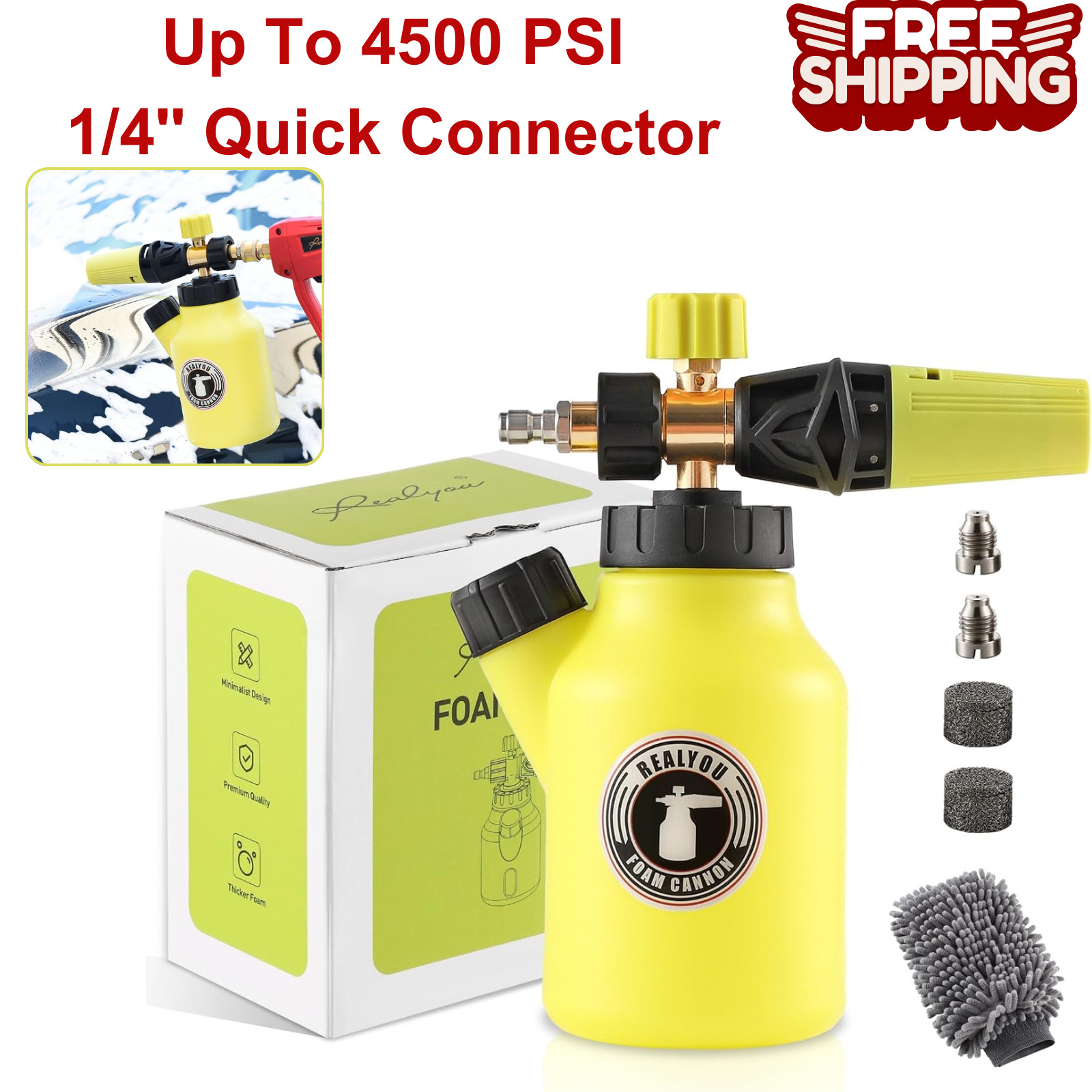 Foam Cannon up to 4500 PSI, Pressure Washer Foam Cannon w/ 1/4” Quick Connector