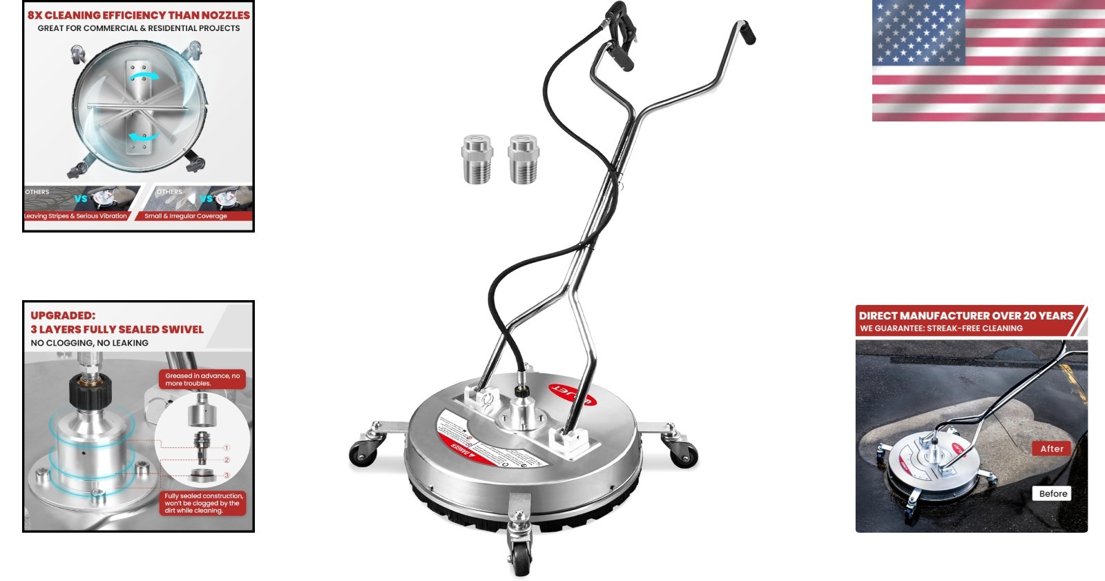4500PSI Stainless Steel Pressure Washer Surface Cleaner with Wheels & Handles