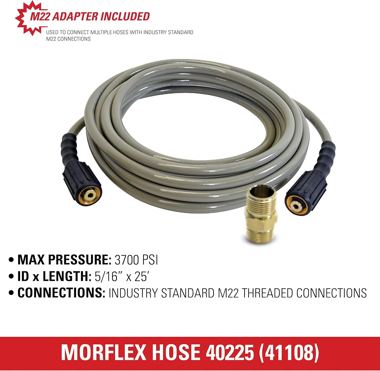3700 PSI Pressure Washer Hose, 25 Feet, 5/16 Inch, M22 Connections
