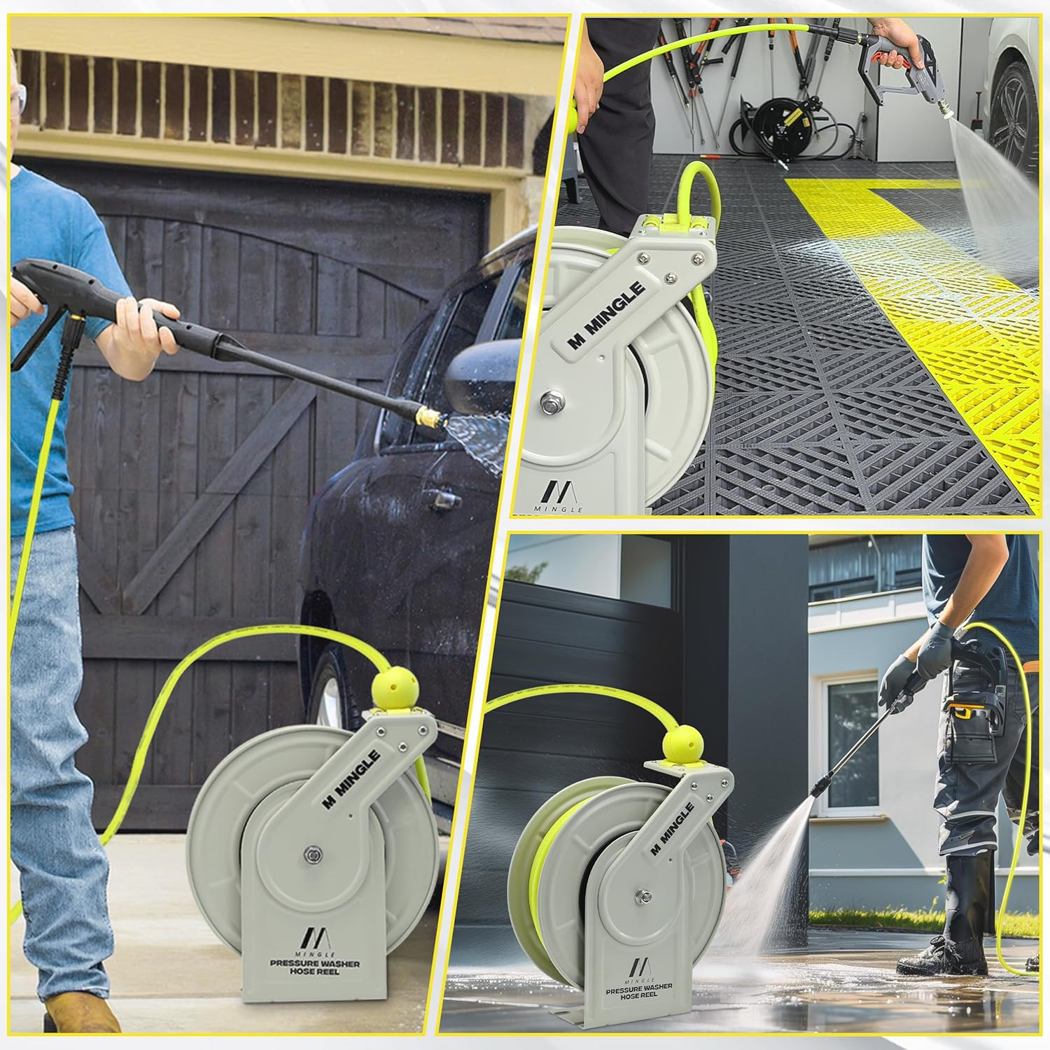 Retractable Pressure Washer Hose Reel, 1/4″ × 60Ft Power Washer Hose Reel, Auto