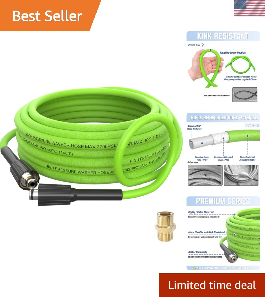 Super Flexible 25 FT Pressure Washer Hose, 3700 PSI with M22-14mm Brass Fittings