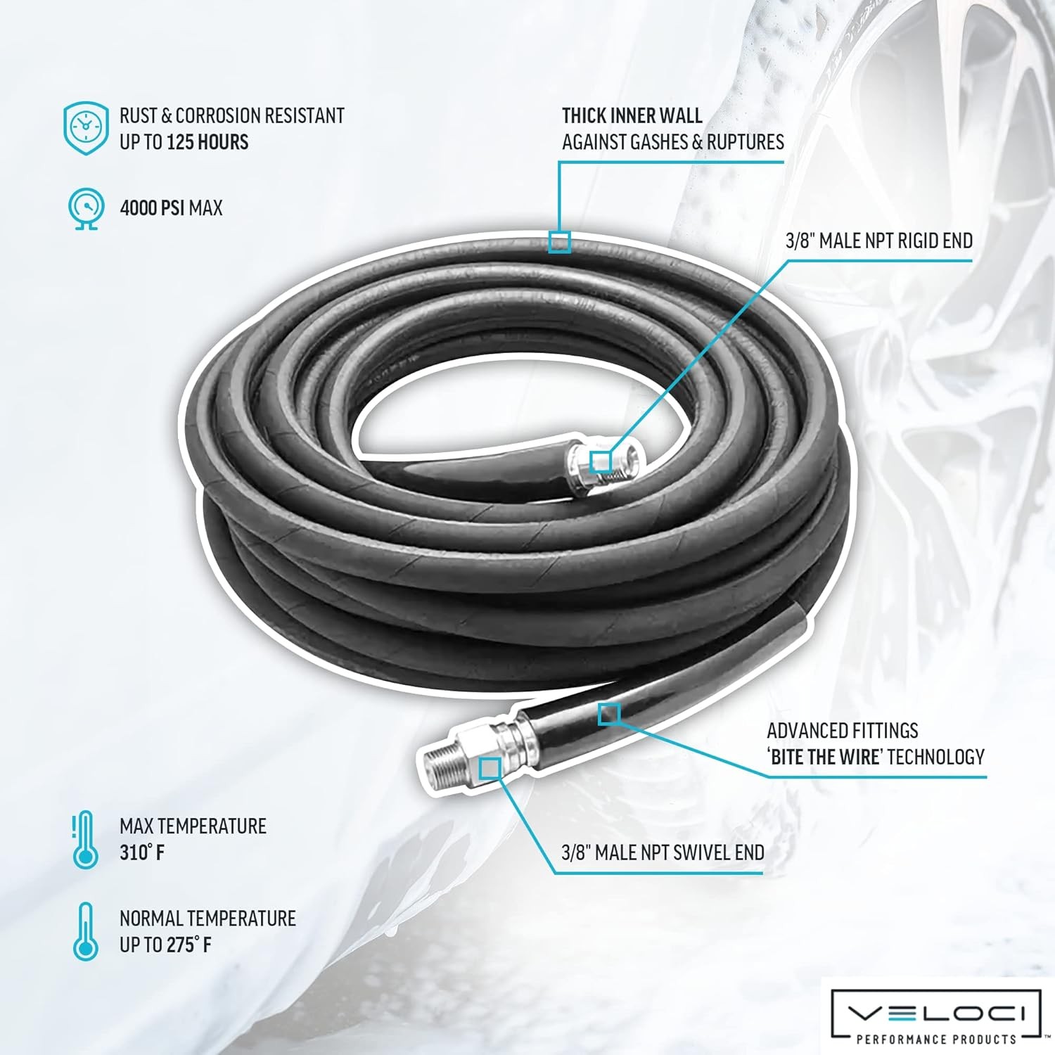 MTM Hydro Kobrajet High Pressure Washer Hose 3/8” 4000 PSI 100’, Black